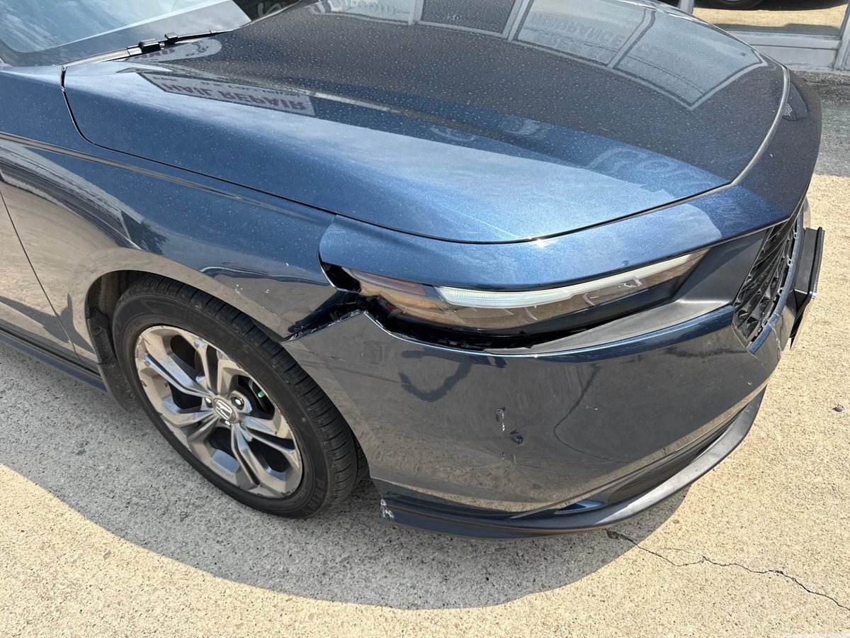Honda Accord with front bumper and headlight damage before repair at DG Collision Center Lewisville TX