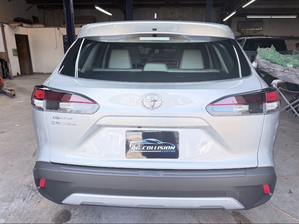 Rear-end collision repair completed at DG Collision Center Lewisville TX — Toyota Corolla Cross tailgate and rear panel restored to factory finish